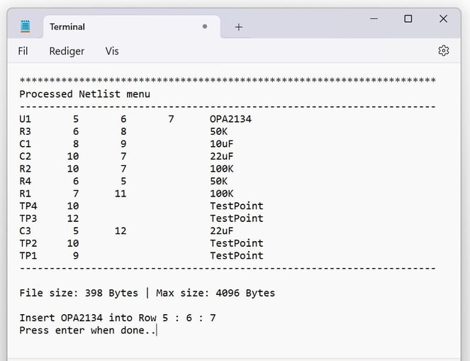 Terminal program. Netlist for the electronic design. Organized for the Breadboard row numbers